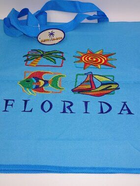 NWT Blue Canvas Happy Islands Florida Tote Beach Bag Palm Tree Sun Fish Sailboat